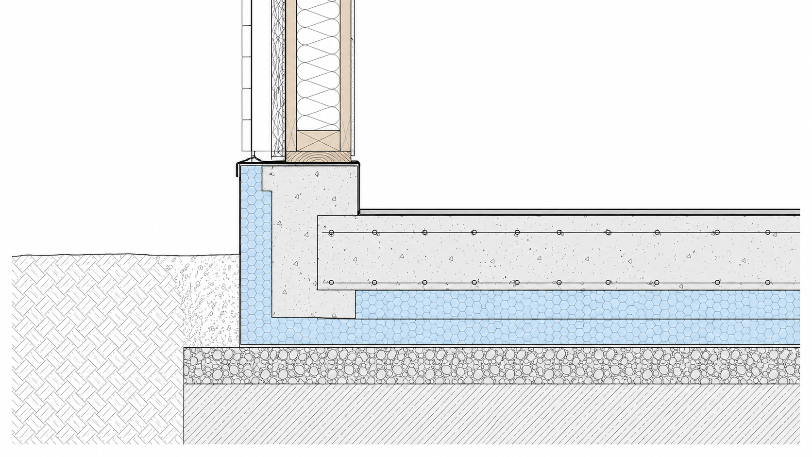 Section through an insulated raft foundation and timber-frame wall-to-floor junction
