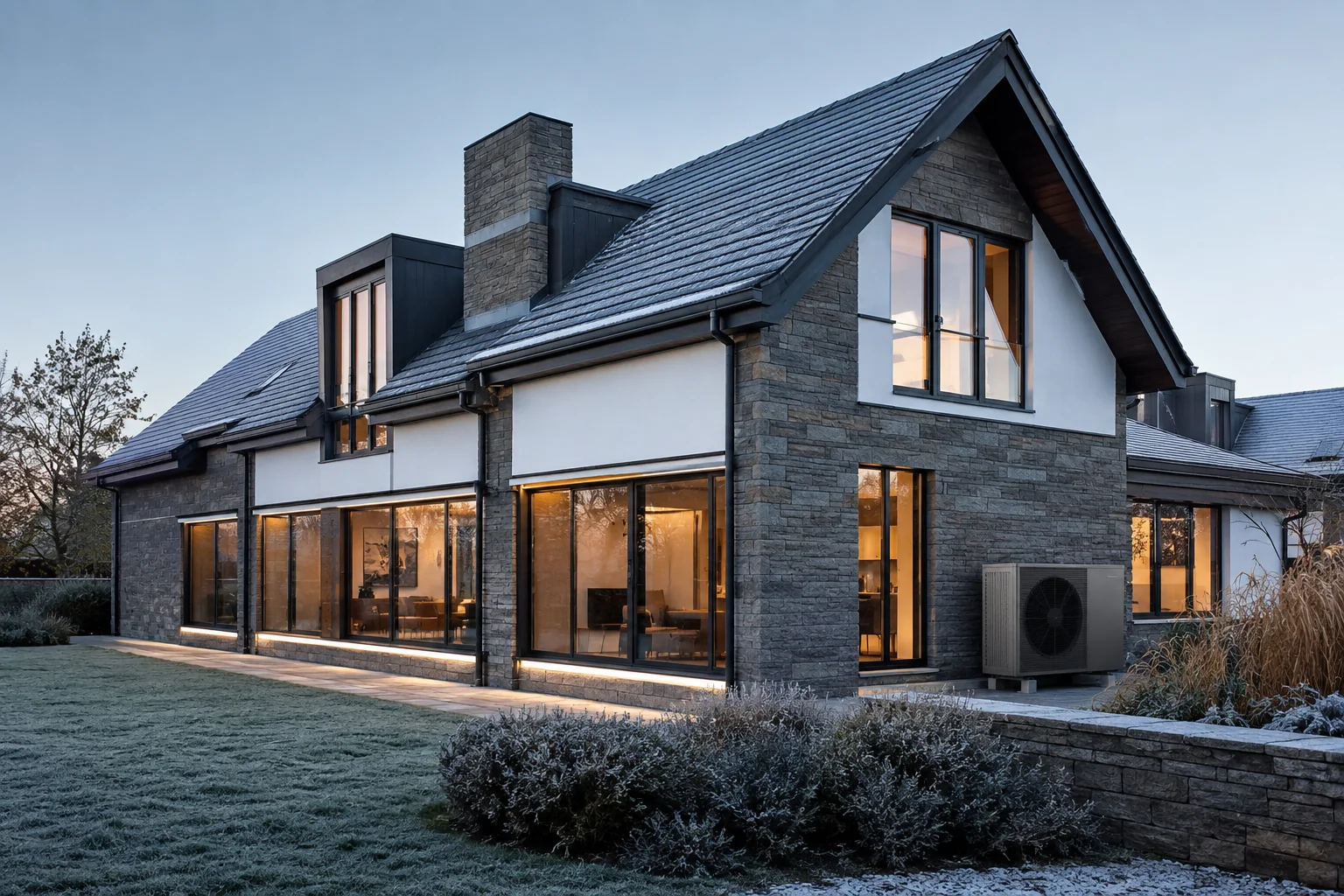 A well-insulated modern home retaining warmth on a cold winter evening, with an air-source heat pump outside