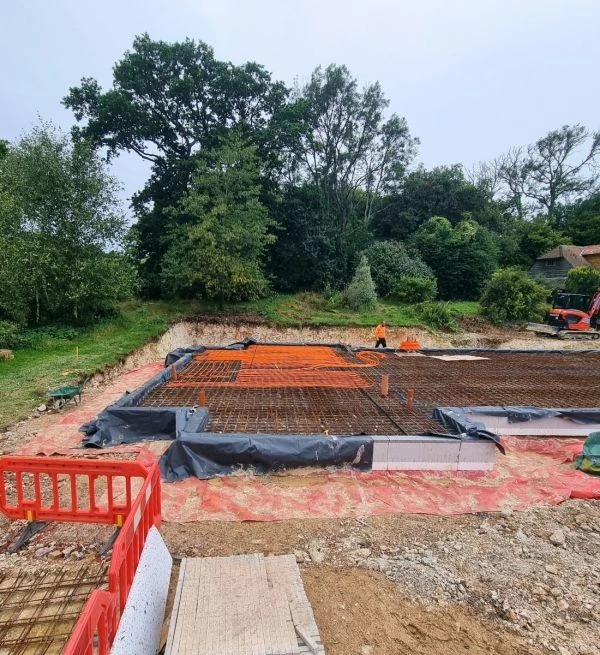 ISOQUICK insulated raft foundation installation for a new-build farmhouse in Hampshire