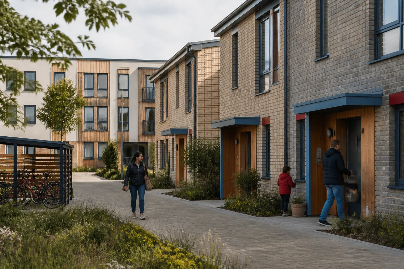 Residents arriving home at a modern low-energy social housing development