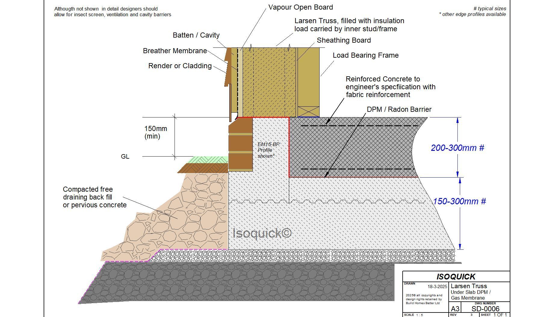 ISOQUICK EM15 edge profile with Larsen truss wall — technical section drawing SD-0006