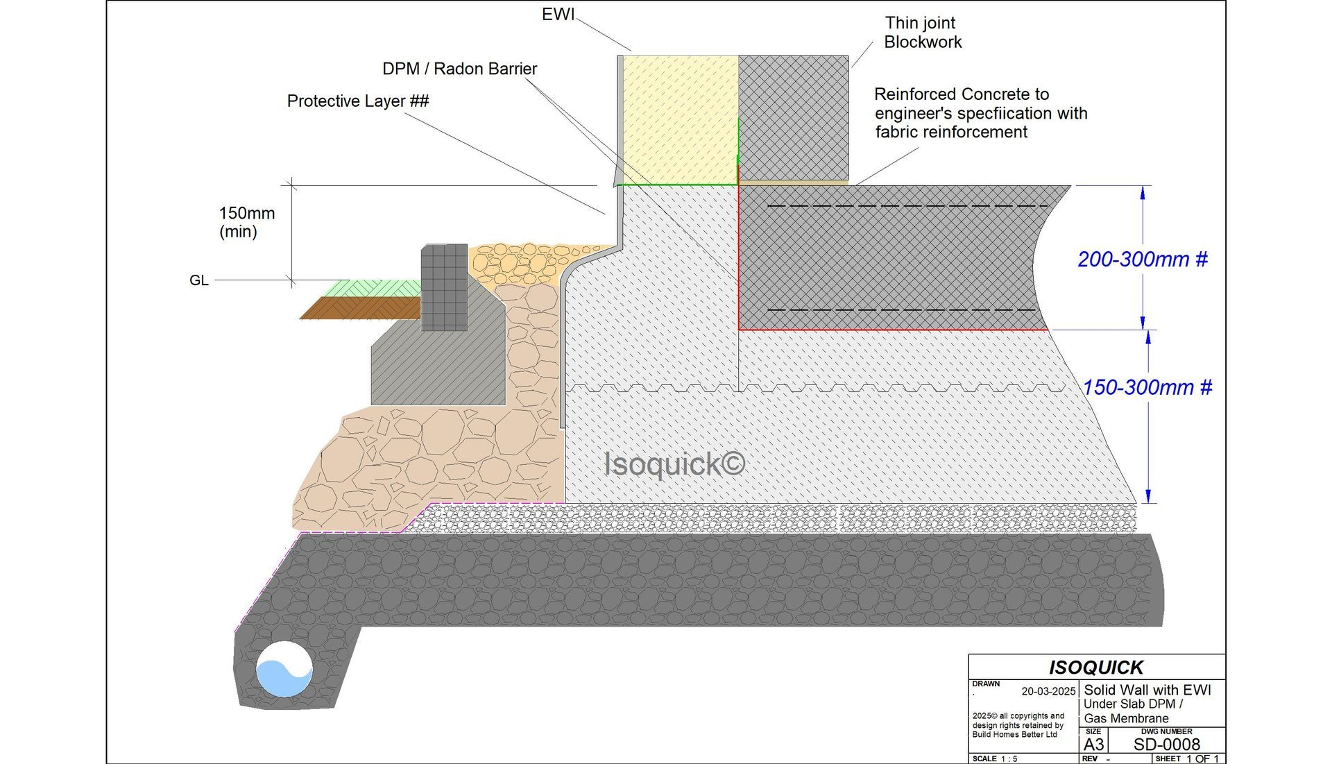 ISOQUICK EM20 edge module with solid wall and external wall insulation — technical section drawing SD-0008