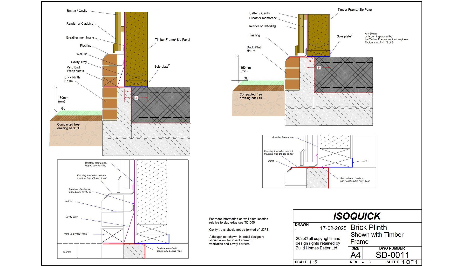 ISOQUICK EM10-BP brick plinth detail — technical section drawing SD-0011