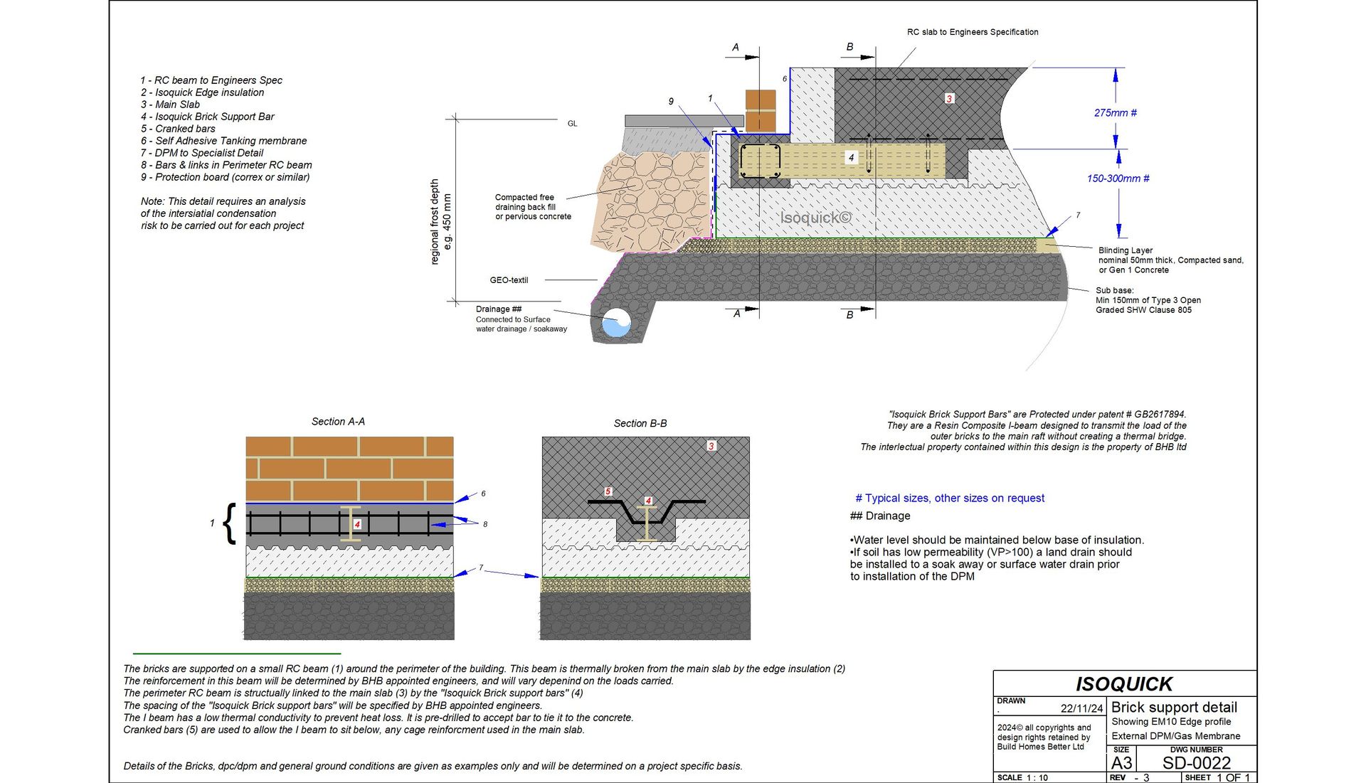 ISOQUICK SD-0022 — Brick Support, DPM Under Slab Brick & Block detail cross-section