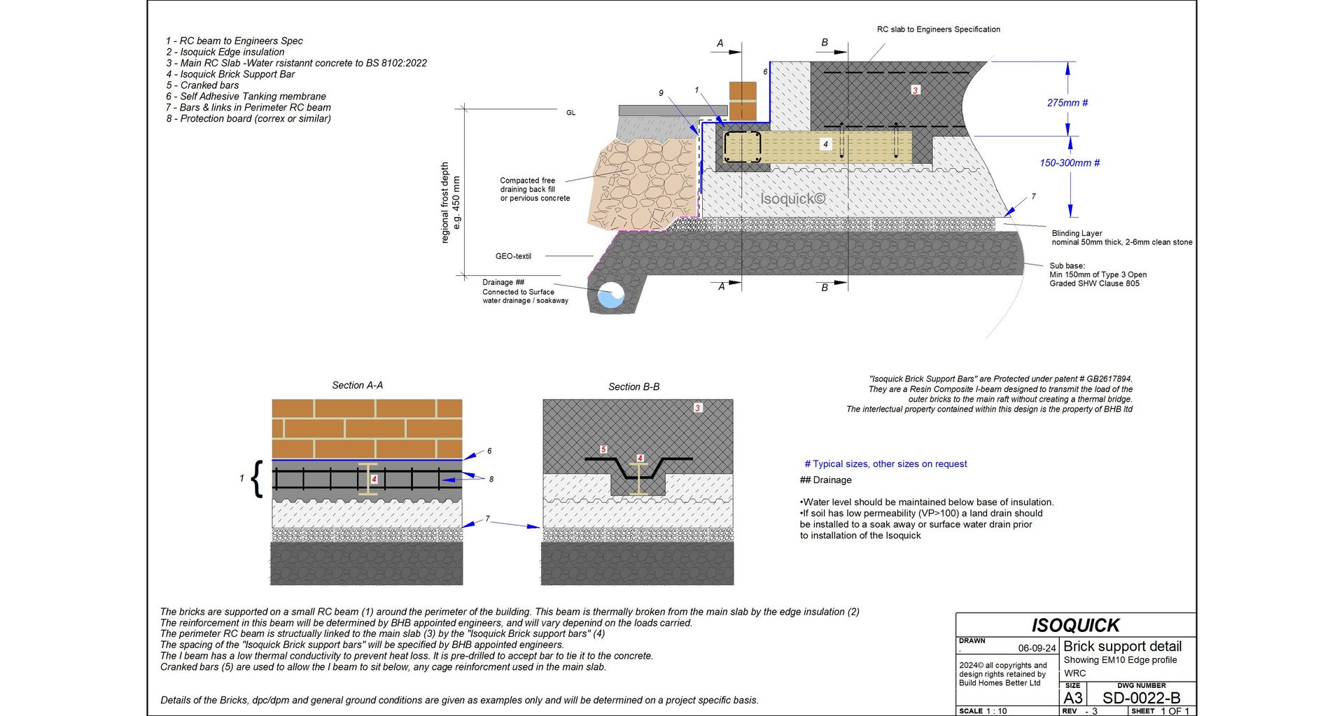 ISOQUICK SD-0022B — Brick Support, Waterproof Concrete Brick & Block detail cross-section